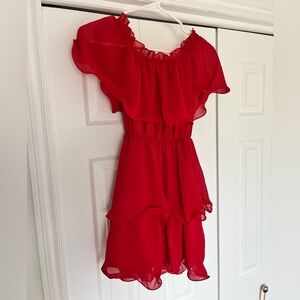 Pretty Little Thing Red Chiffon Bardot Ruffle Tiered Dress